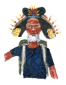 Mand med rygsæk og hvidt skæg. og hat med fjer. Akvarel af Frits Ahlefeldt, naturvandreserien