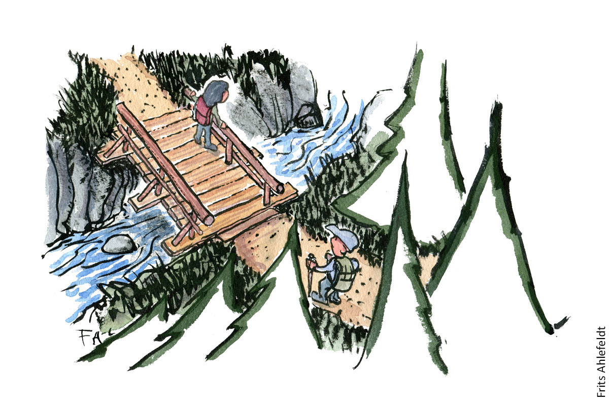illustration af vandrer på bro over vandløb. vandrestier design og vedligeholdelse. Tegning af Frits Ahlefeldt
